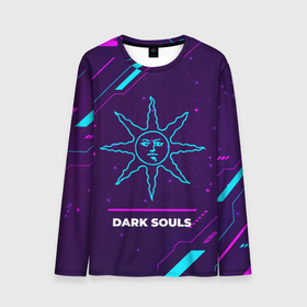 Мужской лонгслив 3D с принтом Символ Dark Souls Sun в неоновых цветах на темном фоне в Санкт-Петербурге, 100% полиэстер | длинные рукава, круглый вырез горловины, полуприлегающий силуэт | dark | dark souls | logo | neon | souls | дарк | игра | игры | лого | логотип | неон | символ | соулс