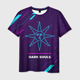 Мужская футболка 3D с принтом Символ Dark Souls Sun в неоновых цветах на темном фоне в Кировске, 100% полиэфир | прямой крой, круглый вырез горловины, длина до линии бедер | dark | dark souls | logo | neon | souls | дарк | игра | игры | лого | логотип | неон | символ | соулс
