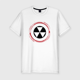 Мужская футболка хлопок Slim с принтом Символ радиации Fallout и красная краска вокруг , 92% хлопок, 8% лайкра | приталенный силуэт, круглый вырез ворота, длина до линии бедра, короткий рукав | fallout | logo | игра | игры | краска | лого | логотип | символ | фаллаут