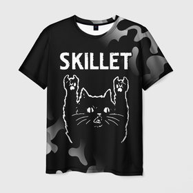 Мужская футболка 3D с принтом Группа Skillet и Рок Кот , 100% полиэфир | прямой крой, круглый вырез горловины, длина до линии бедер | band | metal | rock | skillet | группа | камуфляж | кот | милитари | рок | рок кот