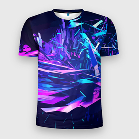 Мужская футболка 3D Slim с принтом Абстрактная неоновая композиция   Abstract neon composition в Петрозаводске, 100% полиэстер с улучшенными характеристиками | приталенный силуэт, круглая горловина, широкие плечи, сужается к линии бедра | abstraction | fashion | neon | vanguard | абстракция | авангард | композиция | мода | неон