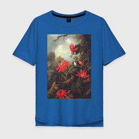 Мужская футболка хлопок Oversize с принтом Hummingbird and Passionflowers (Колибри на ветке) в Тюмени, 100% хлопок | свободный крой, круглый ворот, “спинка” длиннее передней части | букет | винтаж | джунгли | живопись | картина | классика | колибри | пейзаж | природа | тропики | цветы
