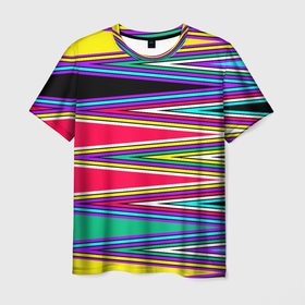 Мужская футболка 3D с принтом Разноцветный радужный полосатый принт в Петрозаводске, 100% полиэфир | прямой крой, круглый вырез горловины, длина до линии бедер | геометрический | линии | молодежный | полосатый | радужный