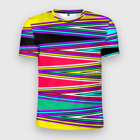 Мужская футболка 3D Slim с принтом Разноцветный радужный полосатый принт в Кировске, 100% полиэстер с улучшенными характеристиками | приталенный силуэт, круглая горловина, широкие плечи, сужается к линии бедра | геометрический | линии | молодежный | полосатый | радужный