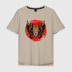 Мужская футболка хлопок Oversize с принтом Тигр  в маске самурая в Тюмени, 100% хлопок | свободный крой, круглый ворот, “спинка” длиннее передней части | diablo | дьявол | зверь | самурай | тигр | тигрица | хищник
