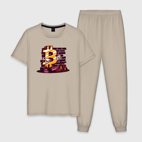 Мужская пижама хлопок с принтом Биткоин на фоне стены Bitcoin в Екатеринбурге, 100% хлопок | брюки и футболка прямого кроя, без карманов, на брюках мягкая резинка на поясе и по низу штанин
 | bitcoin | coin | биткоин | биток | крипта | криптовалюта