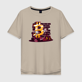 Мужская футболка хлопок Oversize с принтом Биткоин на фоне стены Bitcoin в Белгороде, 100% хлопок | свободный крой, круглый ворот, “спинка” длиннее передней части | Тематика изображения на принте: bitcoin | coin | биткоин | биток | крипта | криптовалюта