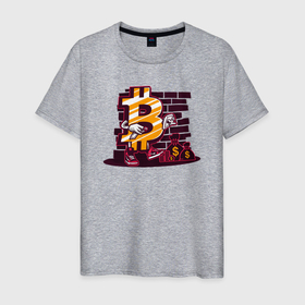 Мужская футболка хлопок с принтом Биткоин на фоне стены Bitcoin в Кировске, 100% хлопок | прямой крой, круглый вырез горловины, длина до линии бедер, слегка спущенное плечо. | Тематика изображения на принте: bitcoin | coin | биткоин | биток | крипта | криптовалюта