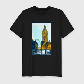 Мужская футболка хлопок Slim с принтом Лондон  London в Санкт-Петербурге, 92% хлопок, 8% лайкра | приталенный силуэт, круглый вырез ворота, длина до линии бедра, короткий рукав | london | англия | великобритания | город | колесо обозрения | лондон