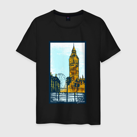 Мужская футболка хлопок с принтом Лондон  London в Санкт-Петербурге, 100% хлопок | прямой крой, круглый вырез горловины, длина до линии бедер, слегка спущенное плечо. | london | англия | великобритания | город | колесо обозрения | лондон