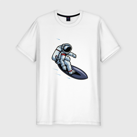 Мужская футболка хлопок Slim с принтом Космонавт на серфинге в Екатеринбурге, 92% хлопок, 8% лайкра | приталенный силуэт, круглый вырез ворота, длина до линии бедра, короткий рукав | волны | доска | космонавт | космос | море | океан | серфинг