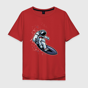 Мужская футболка хлопок Oversize с принтом Космонавт на серфинге в Курске, 100% хлопок | свободный крой, круглый ворот, “спинка” длиннее передней части | Тематика изображения на принте: волны | доска | космонавт | космос | море | океан | серфинг