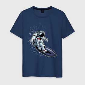 Мужская футболка хлопок с принтом Космонавт на серфинге , 100% хлопок | прямой крой, круглый вырез горловины, длина до линии бедер, слегка спущенное плечо. | Тематика изображения на принте: волны | доска | космонавт | космос | море | океан | серфинг