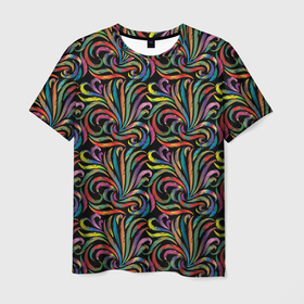 Мужская футболка 3D с принтом Разноцветные яркие узоры в Петрозаводске, 100% полиэфир | прямой крой, круглый вырез горловины, длина до линии бедер | abstract | абстракция | бутоны | геометрия | калейдоскоп | классика | линии | паттерн | текстура | узор | узоры | цветы