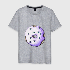 Мужская футболка хлопок с принтом Сиреневый пончик в Белгороде, 100% хлопок | прямой крой, круглый вырез горловины, длина до линии бедер, слегка спущенное плечо. | Тематика изображения на принте: dessert | donut | глазурь | десерт | донат | лиловый | пончик | посыпка | сердечки | сердце | сиреневый | сладости | сладость