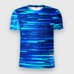 Мужская футболка 3D Slim с принтом BLUE STRIPES в Екатеринбурге, 100% полиэстер с улучшенными характеристиками | приталенный силуэт, круглая горловина, широкие плечи, сужается к линии бедра | абстракция | в полоску | оптические иллюзии | синий | узор | фон