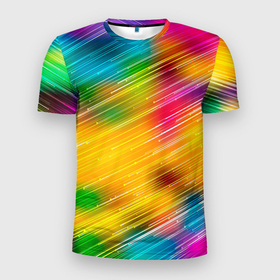 Мужская футболка 3D Slim с принтом RAINBOW POLYCHROME в Белгороде, 100% полиэстер с улучшенными характеристиками | приталенный силуэт, круглая горловина, широкие плечи, сужается к линии бедра | красочный | многоцветный | оттенок | пестрый | повторяющийся | полосатый | полосы | радужный | разноцветный | узор | фон | цветной | яркий