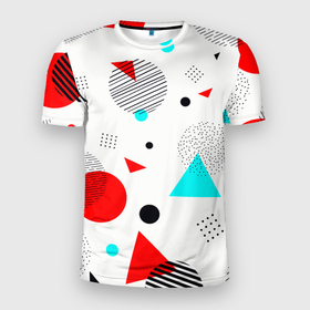 Мужская футболка 3D Slim с принтом GEOMETRIC FIGURED INTERLACING в Новосибирске, 100% полиэстер с улучшенными характеристиками | приталенный силуэт, круглая горловина, широкие плечи, сужается к линии бедра | абстрактный | белый | вектор | геометрический | графический | зеленый | красочный | линии | розовый | синий | треугольники | узор | цвет | черный