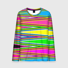 Мужской лонгслив 3D с принтом Полосатый радужный разноцветный геометрический узор в Тюмени, 100% полиэстер | длинные рукава, круглый вырез горловины, полуприлегающий силуэт | геометрический узор | молодежный | неоновый | полосатый | радуга