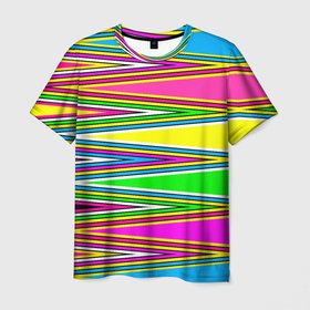 Мужская футболка 3D с принтом Полосатый радужный разноцветный геометрический узор в Петрозаводске, 100% полиэфир | прямой крой, круглый вырез горловины, длина до линии бедер | геометрический узор | молодежный | неоновый | полосатый | радуга