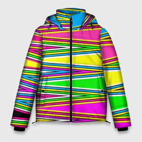 Мужская зимняя куртка 3D с принтом Полосатый радужный разноцветный геометрический узор в Тюмени, верх — 100% полиэстер; подкладка — 100% полиэстер; утеплитель — 100% полиэстер | длина ниже бедра, свободный силуэт Оверсайз. Есть воротник-стойка, отстегивающийся капюшон и ветрозащитная планка. 

Боковые карманы с листочкой на кнопках и внутренний карман на молнии. | геометрический узор | молодежный | неоновый | полосатый | радуга