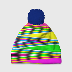 Шапка 3D c помпоном с принтом Полосатый радужный разноцветный геометрический узор в Тюмени, 100% полиэстер | универсальный размер, печать по всей поверхности изделия | геометрический узор | молодежный | неоновый | полосатый | радуга