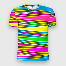 Мужская футболка 3D Slim с принтом Полосатый радужный разноцветный геометрический узор в Кировске, 100% полиэстер с улучшенными характеристиками | приталенный силуэт, круглая горловина, широкие плечи, сужается к линии бедра | геометрический узор | молодежный | неоновый | полосатый | радуга