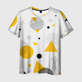 Мужская футболка 3D с принтом GEOMETRIC INTERWEAVING OF SHAPES в Кировске, 100% полиэфир | прямой крой, круглый вырез горловины, длина до линии бедер | абстрактный | белый | вектор | геометрический | графический | желтый | красочный | линии | треугольники | узор | формы | цвет | черный
