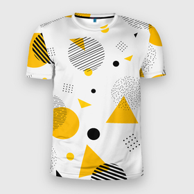 Мужская футболка 3D Slim с принтом GEOMETRIC INTERWEAVING OF SHAPES в Тюмени, 100% полиэстер с улучшенными характеристиками | приталенный силуэт, круглая горловина, широкие плечи, сужается к линии бедра | Тематика изображения на принте: абстрактный | белый | вектор | геометрический | графический | желтый | красочный | линии | треугольники | узор | формы | цвет | черный