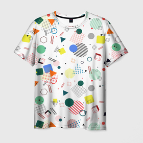 Мужская футболка 3D с принтом MULTICOLORED GEOMETRIC SHAPES в Екатеринбурге, 100% полиэфир | прямой крой, круглый вырез горловины, длина до линии бедер | абстрактный | белый | вектор | геометрический | графический | зеленый | красочный | линии | оранжевый | розовый | синий | треугольники | узор | формы | цвет | черный