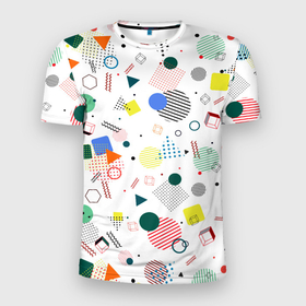 Мужская футболка 3D Slim с принтом MULTICOLORED GEOMETRIC SHAPES в Екатеринбурге, 100% полиэстер с улучшенными характеристиками | приталенный силуэт, круглая горловина, широкие плечи, сужается к линии бедра | абстрактный | белый | вектор | геометрический | графический | зеленый | красочный | линии | оранжевый | розовый | синий | треугольники | узор | формы | цвет | черный