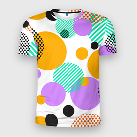 Мужская футболка 3D Slim с принтом GEOMETRIC INTERSECTING CIRCLES в Новосибирске, 100% полиэстер с улучшенными характеристиками | приталенный силуэт, круглая горловина, широкие плечи, сужается к линии бедра | абстрактный | геометрический | графический | декоративный | желтый | зеленый | красный | круги | пересекающийся | повторение | стиль | точки | узор | узоры | черный