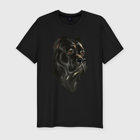 Мужская футболка хлопок Slim с принтом Портрет Кане корсо в Санкт-Петербурге, 92% хлопок, 8% лайкра | приталенный силуэт, круглый вырез ворота, длина до линии бедра, короткий рукав | Тематика изображения на принте: арт | голова собаки | животное | кане корсо | летающая голова | рисунок | собака | чёрная собака