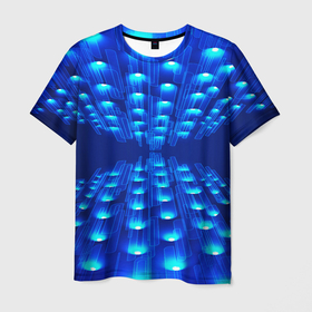 Мужская футболка 3D с принтом GLOWING SPOTLIGHTS в Петрозаводске, 100% полиэфир | прямой крой, круглый вырез горловины, длина до линии бедер | Тематика изображения на принте: абстракция | блеск | блестящий | луч | освещение | освещенный | прожектор | пространство | свет | светящийся | свечение | синий | темнота | фон | черный | эффект | яркий