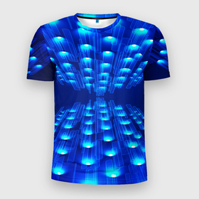 Мужская футболка 3D Slim с принтом GLOWING SPOTLIGHTS в Кировске, 100% полиэстер с улучшенными характеристиками | приталенный силуэт, круглая горловина, широкие плечи, сужается к линии бедра | абстракция | блеск | блестящий | луч | освещение | освещенный | прожектор | пространство | свет | светящийся | свечение | синий | темнота | фон | черный | эффект | яркий
