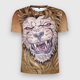 Мужская футболка 3D Slim с принтом Лев оскалился в Тюмени, 100% полиэстер с улучшенными характеристиками | приталенный силуэт, круглая горловина, широкие плечи, сужается к линии бедра | арт | большая голова | графика | животные | звери | лев