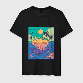 Мужская футболка хлопок с принтом Тропический остров и Кит в Белгороде, 100% хлопок | прямой крой, круглый вырез горловины, длина до линии бедер, слегка спущенное плечо. | beach | fantasy | island | landscape | ocean | palm | sea | summer | sun | tropic | tropical | whale | океан | пальма | пальмы | пляж | солнце | тропики | фантазия | фентези | фентэзи