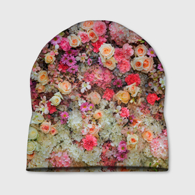 Шапка 3D с принтом MILLION MULTICOLORED FLOWERS в Тюмени, 100% полиэстер | универсальный размер, печать по всей поверхности изделия | Тематика изображения на принте: абстрактный | гвоздики | желтый | красный | разноцветный | розы | фон