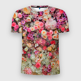 Мужская футболка 3D Slim с принтом MILLION MULTICOLORED FLOWERS в Екатеринбурге, 100% полиэстер с улучшенными характеристиками | приталенный силуэт, круглая горловина, широкие плечи, сужается к линии бедра | абстрактный | гвоздики | желтый | красный | разноцветный | розы | фон