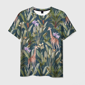 Мужская футболка 3D с принтом Цветы Безвременники и Жирафы , 100% полиэфир | прямой крой, круглый вырез горловины, длина до линии бедер | Тематика изображения на принте: flowers | безвременники | букет | жирафы | природа | растение | флора | цветы