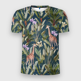 Мужская футболка 3D Slim с принтом Цветы Безвременники и Жирафы в Екатеринбурге, 100% полиэстер с улучшенными характеристиками | приталенный силуэт, круглая горловина, широкие плечи, сужается к линии бедра | flowers | безвременники | букет | жирафы | природа | растение | флора | цветы