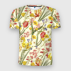 Мужская футболка 3D Slim с принтом Цветы Весенние Тюльпаны в Тюмени, 100% полиэстер с улучшенными характеристиками | приталенный силуэт, круглая горловина, широкие плечи, сужается к линии бедра | flowers | букет | природа | растение | тюльпаны | флора | цветы