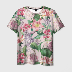 Мужская футболка 3D с принтом Цветы Розовые Лилии и Сирень в Екатеринбурге, 100% полиэфир | прямой крой, круглый вырез горловины, длина до линии бедер | flowers | букет | лилии | природа | растение | сирень | флора | цветы