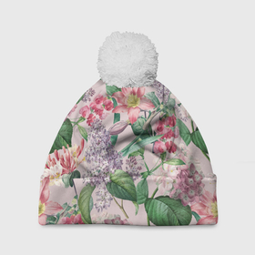Шапка 3D c помпоном с принтом Цветы Розовые Лилии и Сирень в Тюмени, 100% полиэстер | универсальный размер, печать по всей поверхности изделия | flowers | букет | лилии | природа | растение | сирень | флора | цветы
