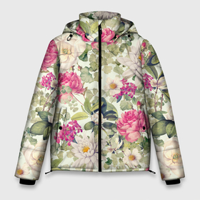 Мужская зимняя куртка 3D с принтом Цветы Винтажные Розы в Тюмени, верх — 100% полиэстер; подкладка — 100% полиэстер; утеплитель — 100% полиэстер | длина ниже бедра, свободный силуэт Оверсайз. Есть воротник-стойка, отстегивающийся капюшон и ветрозащитная планка. 

Боковые карманы с листочкой на кнопках и внутренний карман на молнии. | flowers | букет | природа | растение | розы | флора | цветы