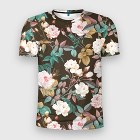 Мужская футболка 3D Slim с принтом Цветы Розы Садовые в Тюмени, 100% полиэстер с улучшенными характеристиками | приталенный силуэт, круглая горловина, широкие плечи, сужается к линии бедра | flowers | букет | природа | растение | розы | флора | цветы