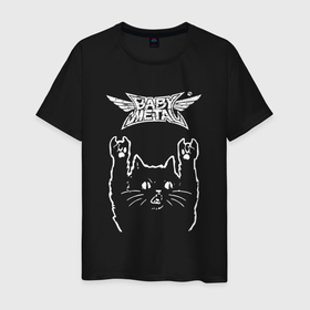 Мужская футболка хлопок с принтом Babymetal Рок кот в Тюмени, 100% хлопок | прямой крой, круглый вырез горловины, длина до линии бедер, слегка спущенное плечо. | babymetal | moametal | su metal | yuimetal | бэбимэтал | группа | группы | каваий метал | метал | музыка | рок | рок кот | роккот