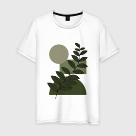 Мужская футболка хлопок с принтом Листья и Геометрия в Новосибирске, 100% хлопок | прямой крой, круглый вырез горловины, длина до линии бедер, слегка спущенное плечо. | абстракция | бежевый | в топе | в тренде | геометрия | зеленый | квадрат | круг | лето | листья | папоротник | пастель | природа | прямоугольник | растение | растения | фигуры | цветок | цветы