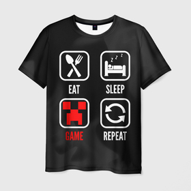 Мужская футболка 3D с принтом Eat, Sleep, Minecraft, Repeat в Кировске, 100% полиэфир | прямой крой, круглый вырез горловины, длина до линии бедер | Тематика изображения на принте: eat sleep repeat | logo | minecraft | игра | игры | лого | логотип | майнкрафт | огонь | пламя | символ