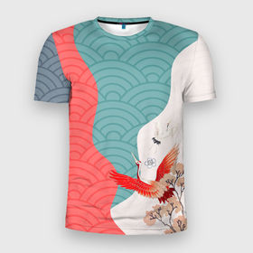 Мужская футболка 3D Slim с принтом Японские облака в Санкт-Петербурге, 100% полиэстер с улучшенными характеристиками | приталенный силуэт, круглая горловина, широкие плечи, сужается к линии бедра | Тематика изображения на принте: japan | волны | журавль | паттерн | узор | япония